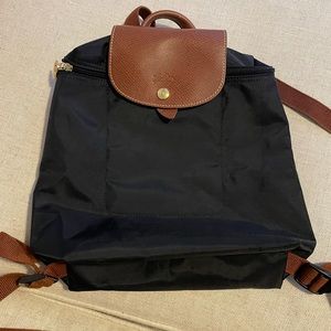 Longchamp Le Pliage Nylon Backpack, Black with brown straps,
